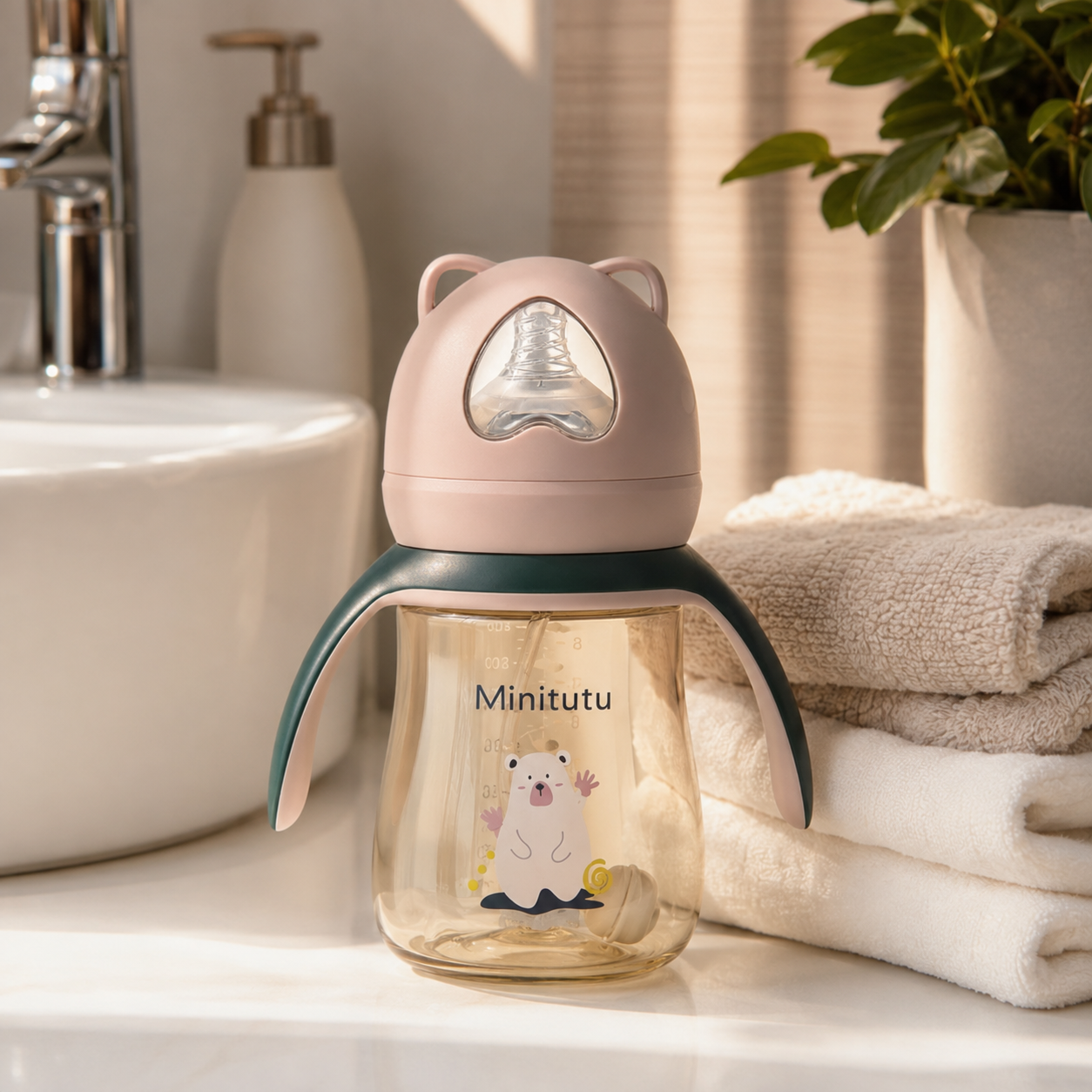 Minitutu Bear PPSU Feeding Bottle 240ml | BPA-Free Baby Bottle with Handles for 9+ Months | Pink CB805-2